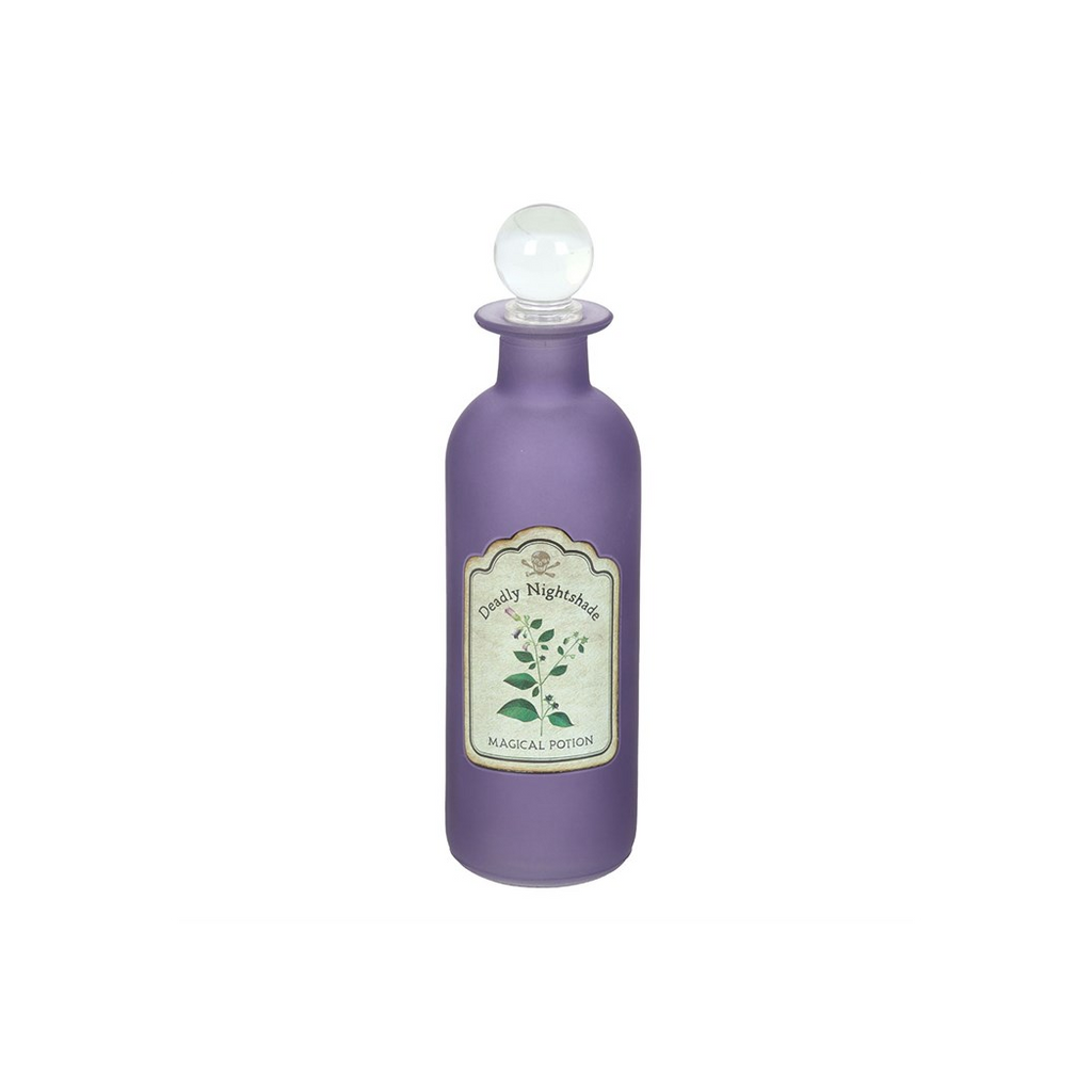 Purple potion bottle with a label on a white background