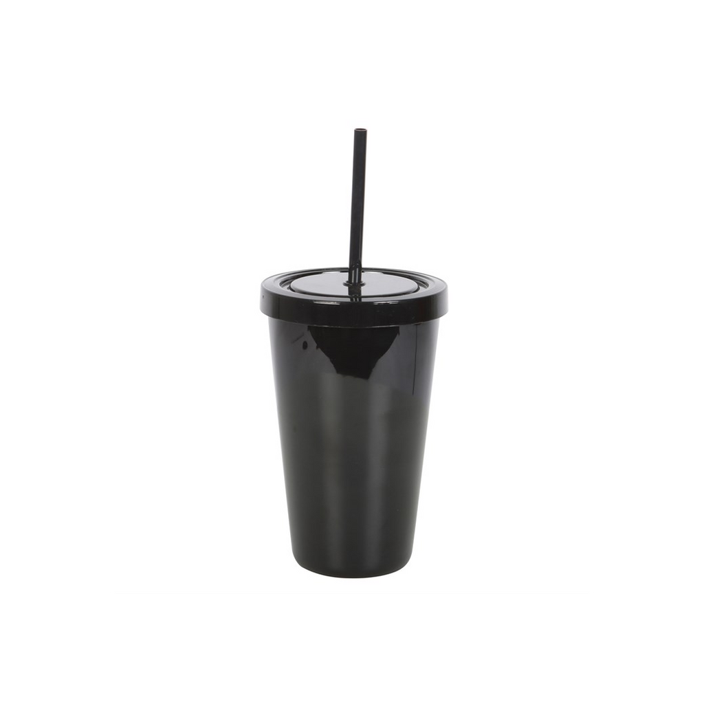 Black tumbler with a straw on a white background
