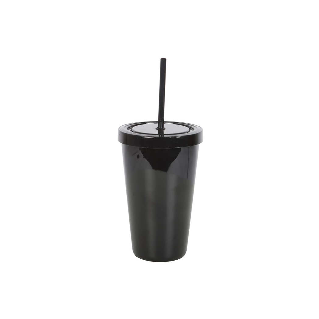Black tumbler with a straw on a white background