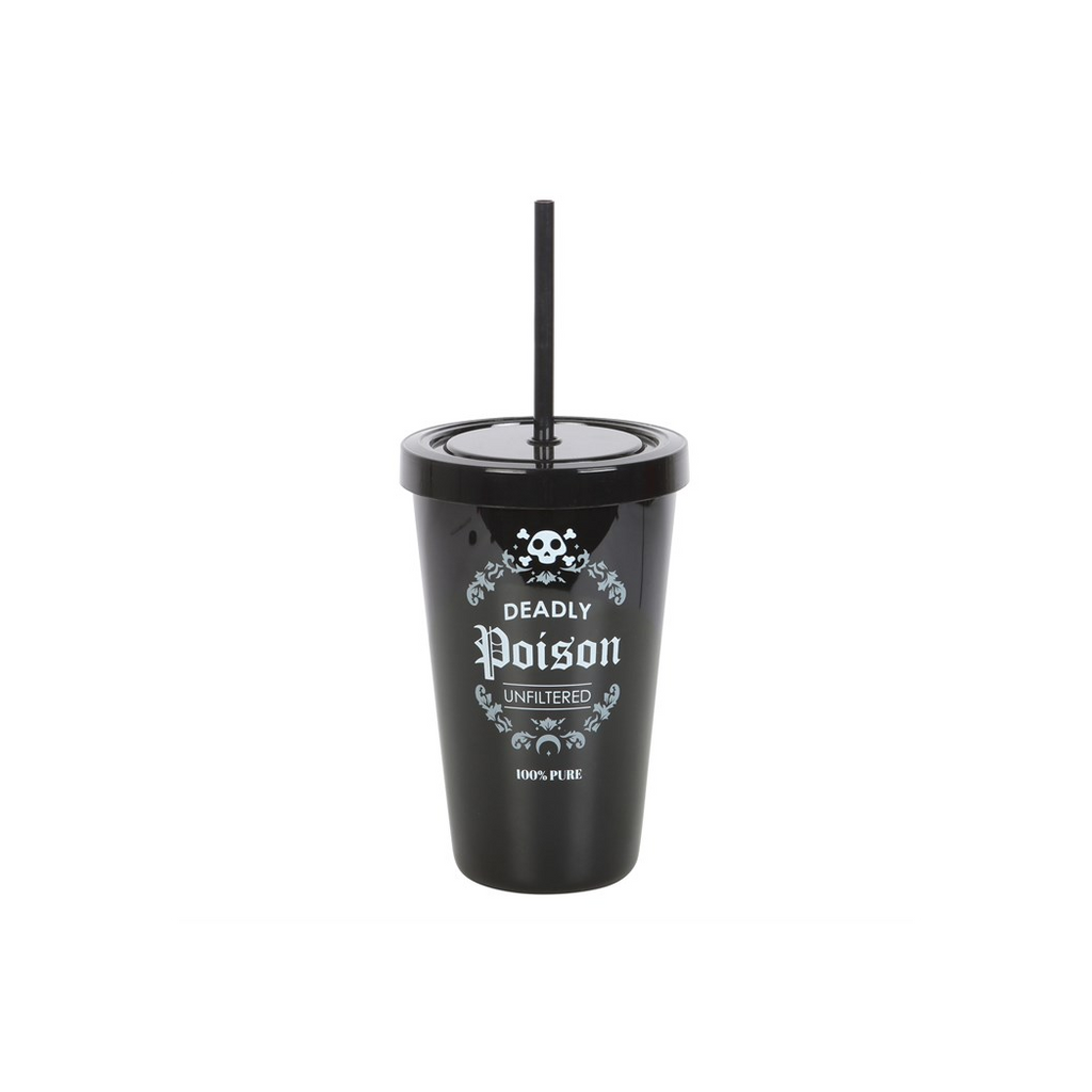 Black tumbler with 'Deadly Poison' text and skull design on a white background