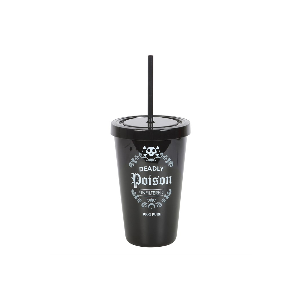 Black tumbler with 'Deadly Poison' text and skull design on a white background