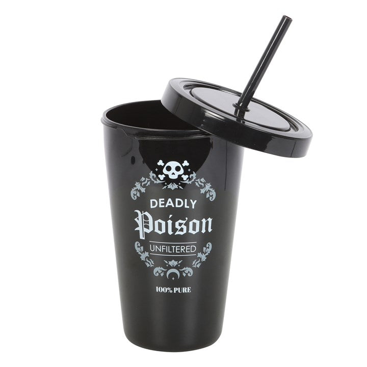 Black tumbler with 'Deadly Poison' text and skull design on a white background
