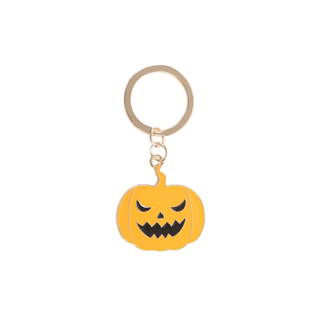Pumpkin-shaped keychain with a gold ring on a white background
