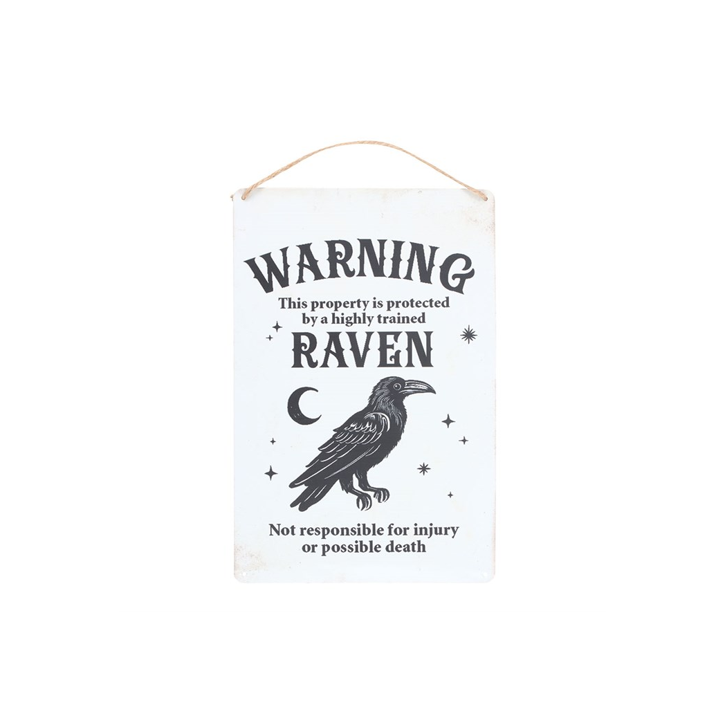 A vertical white hanging sign with a rustic distressed finish, featuring a black raven illustration and the text 'WARNING This property is protected by a highly trained by a highly trained RAVEN Not responsible for injury or possible death' on a plain white background.