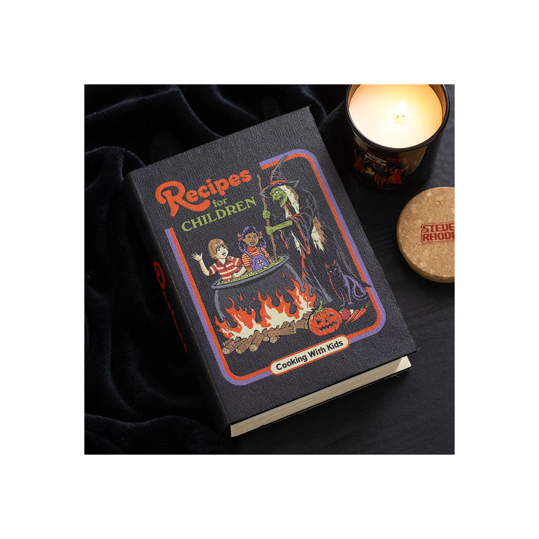 Cookbook titled 'Recipes for Children' with Halloween-themed cover on a dark surface.