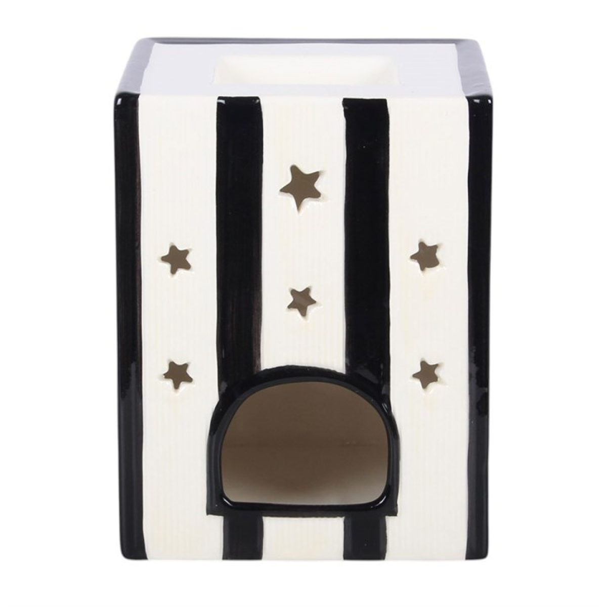 Black and white striped cat house with star patterns on a white background