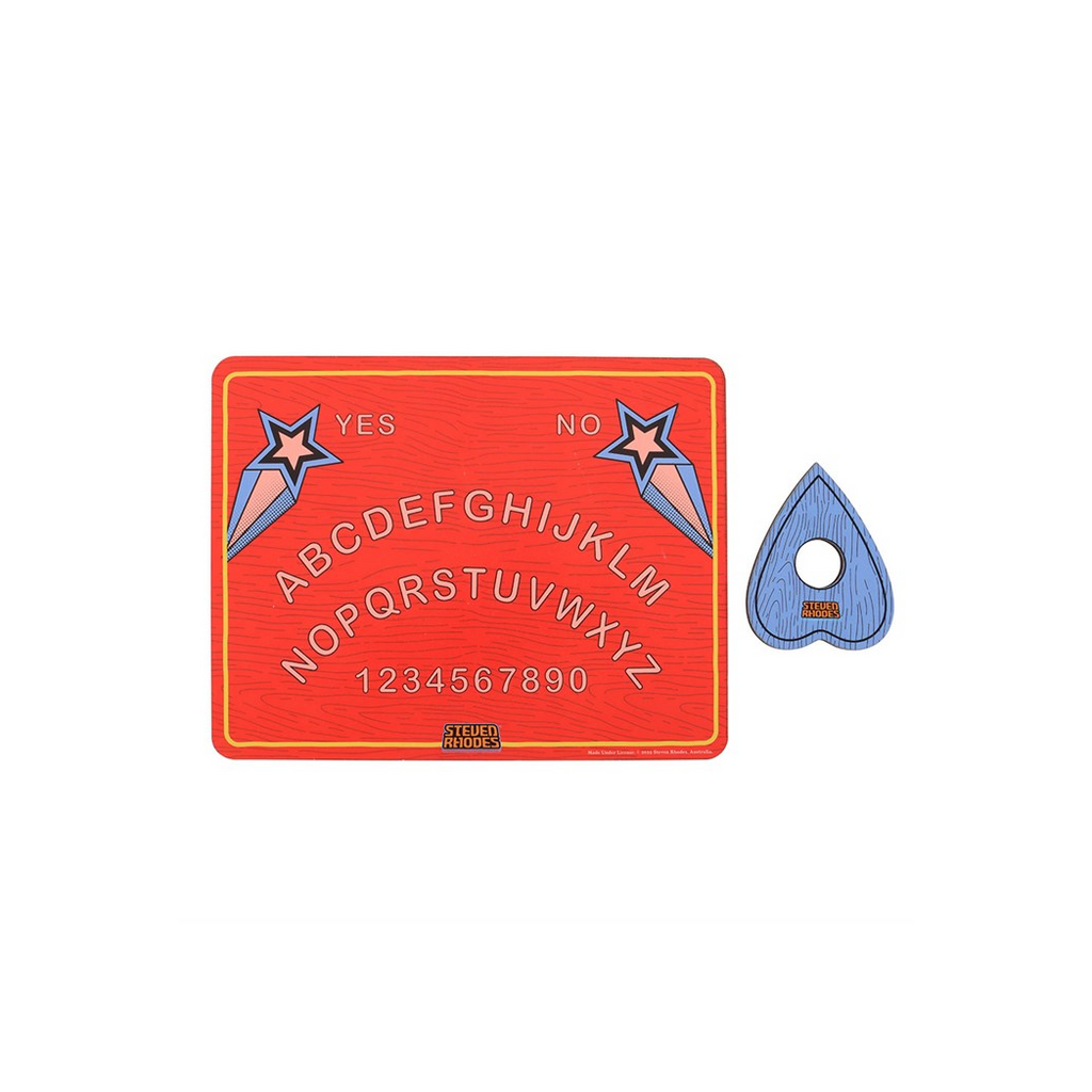 Red Ouija board with stars and a blue toy on a white background