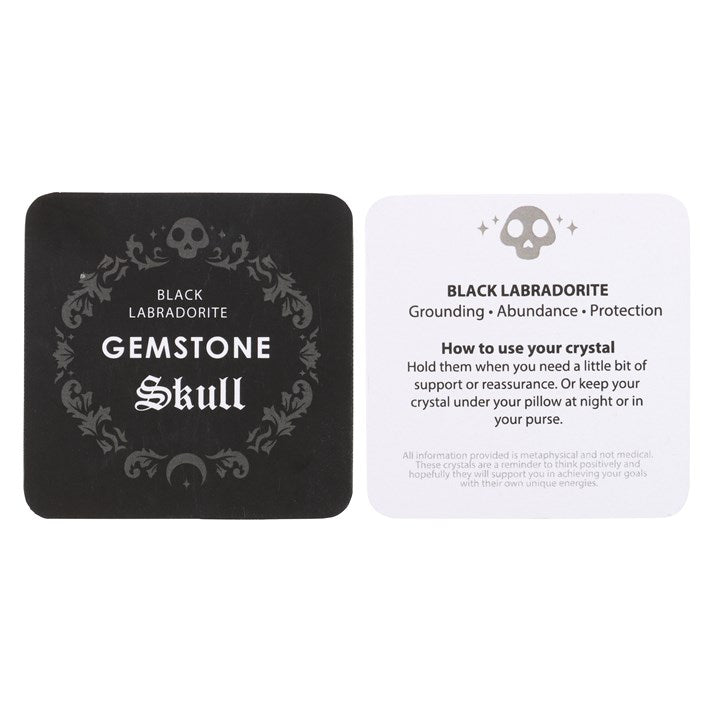 Black Labradorite gemstone skull with information card on a white background
