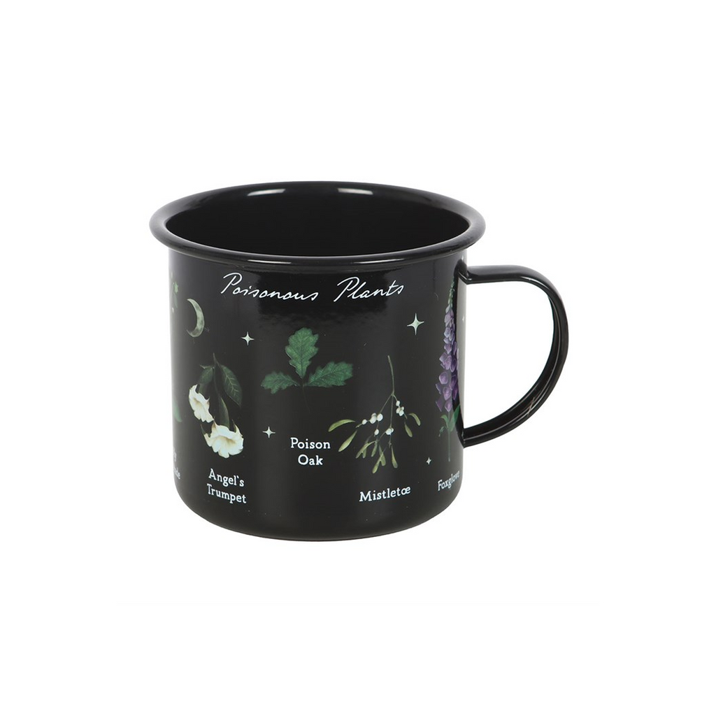 Black mug with botanical illustrations and text on a white background