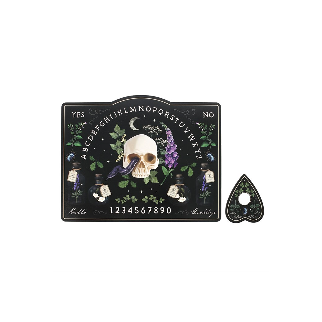 Ouija board with skull and potion design on a white background