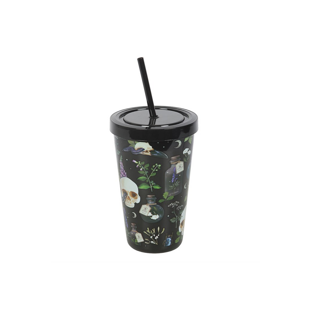 Black tumbler with a lid and straw featuring a skull and potion bottle design on a white background