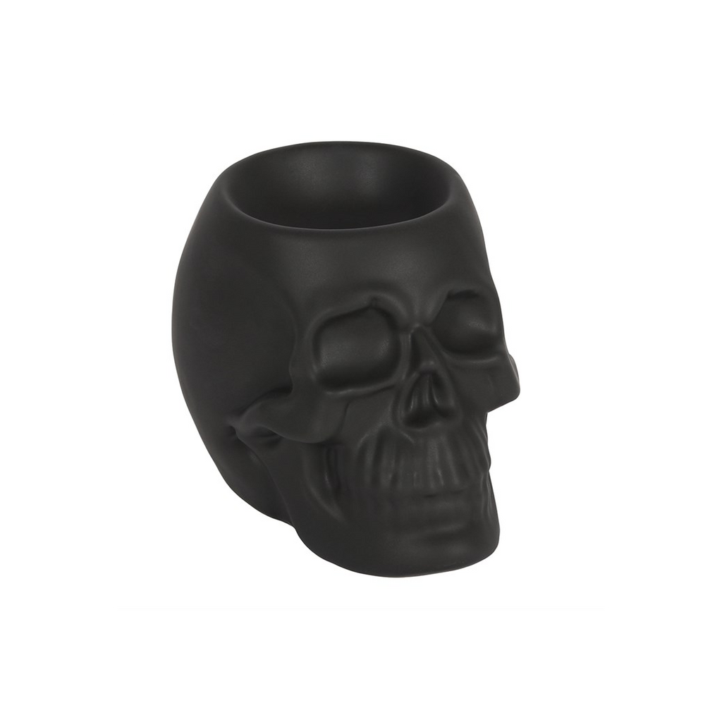Black skull-shaped mug on a white background