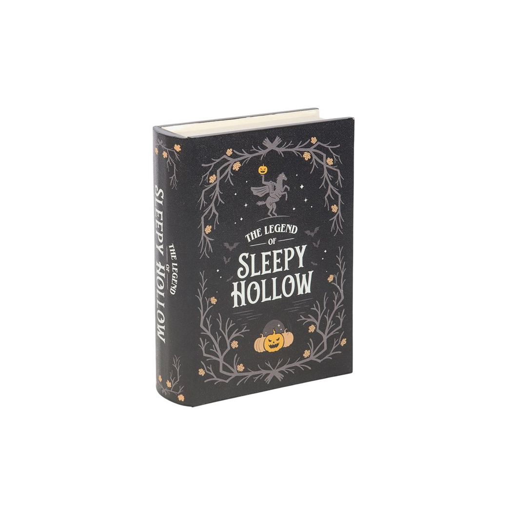 Book-shaped container with 'The Legend of Sleepy Hollow' design on a white background