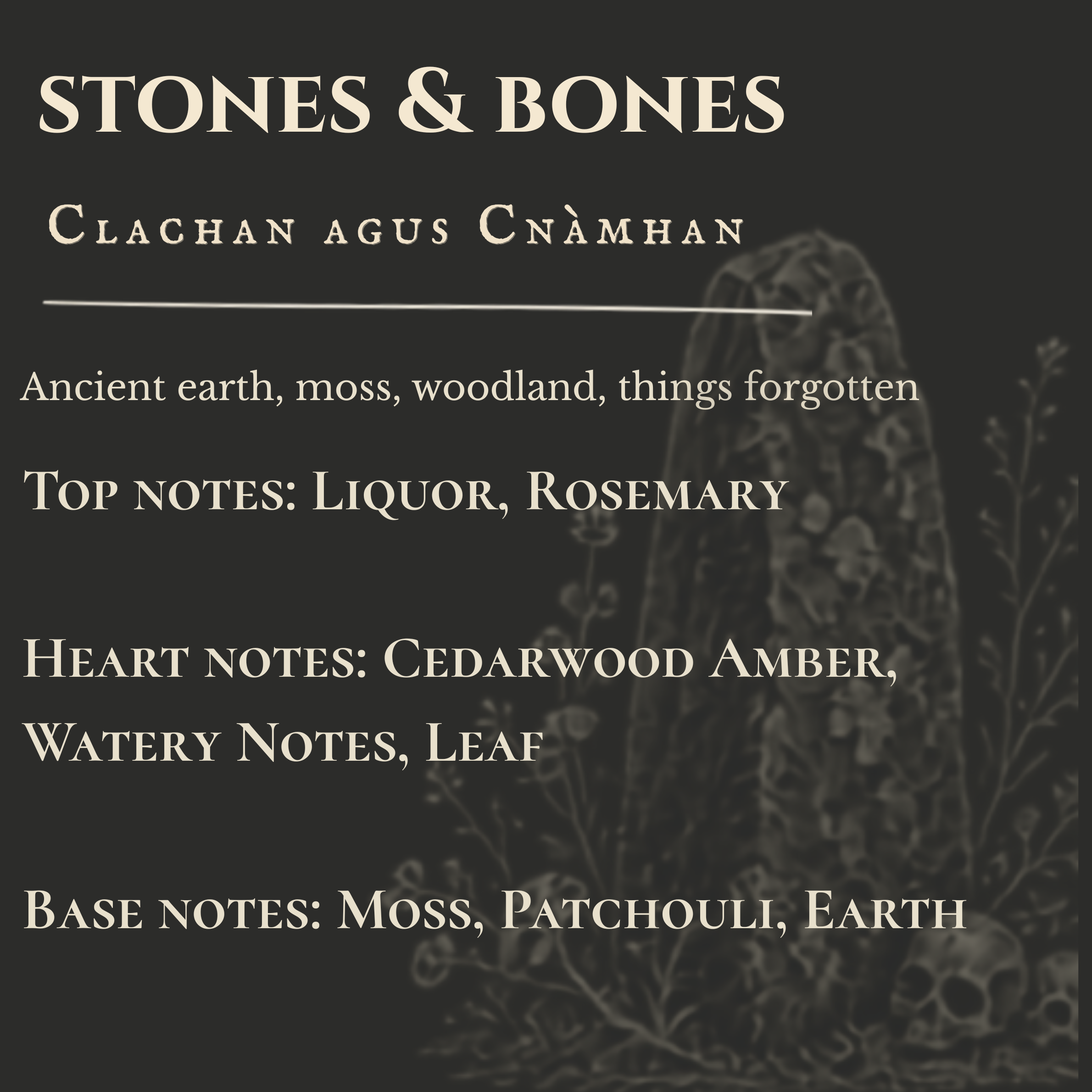 A dark textured graphic with the title 'STONES & BONES' in large cream text, followed by 'CLACHAN AGUS CNĂMHAN' and scent notes describing ancient earth, moss, woodland, liquor, rosemary, cedarwood amber, watery notes, leaf, moss, and patchouli.