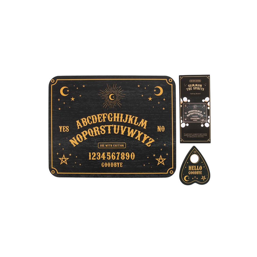 Ouija board set with cards and handle on a white background