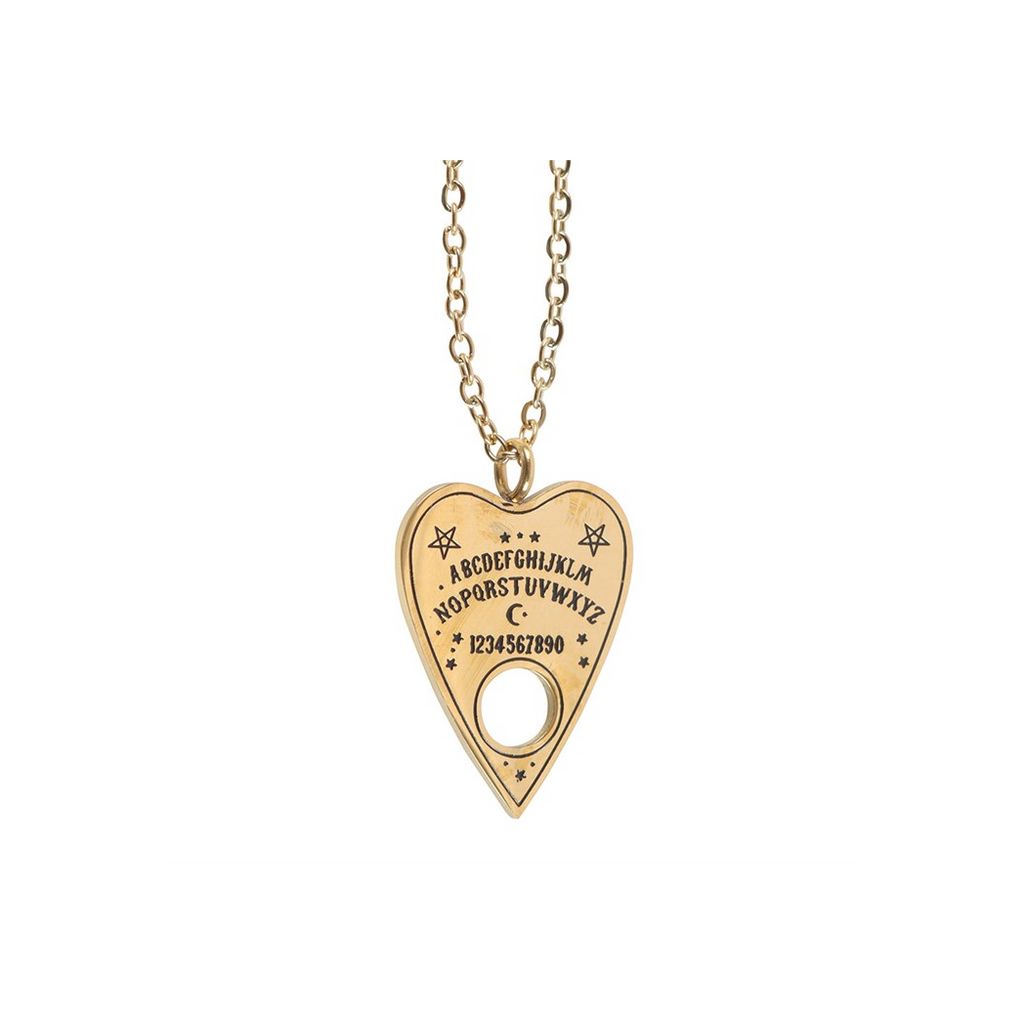 Gold heart-shaped pendant necklace with engravings on a white background