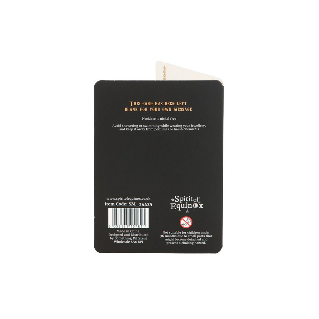 Back of a black card with text and branding on a white background