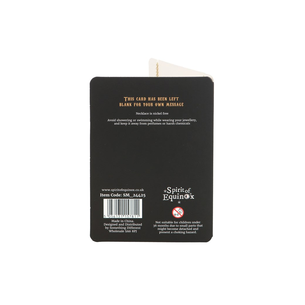 Back of a black card with text and branding on a white background