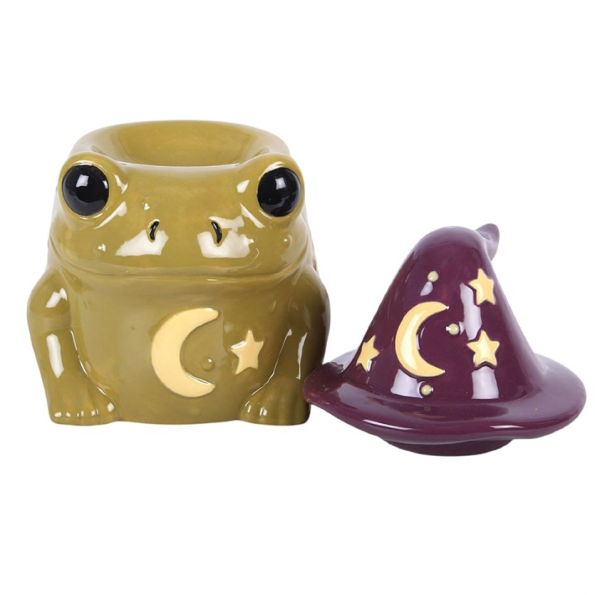 Frog-shaped container with a purple witch hat on a white background