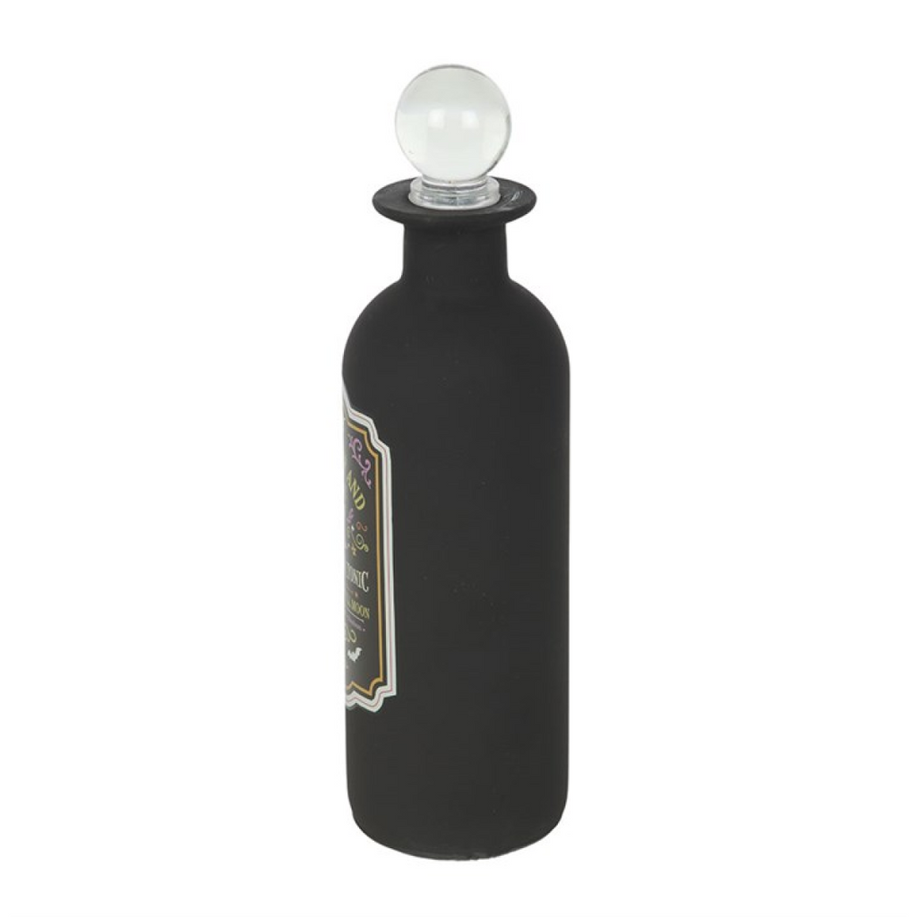 Black bottle-shaped lamp with a clear bulb on a white background