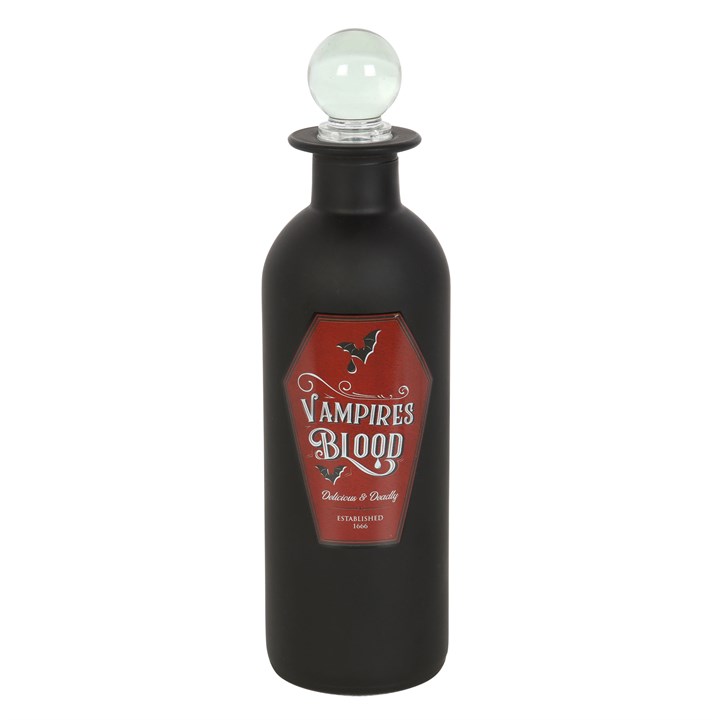 Black bottle labeled 'Vampires Blood' on a white background