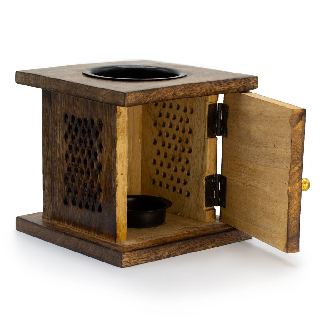 Wooden square wax melter with open door on a white background