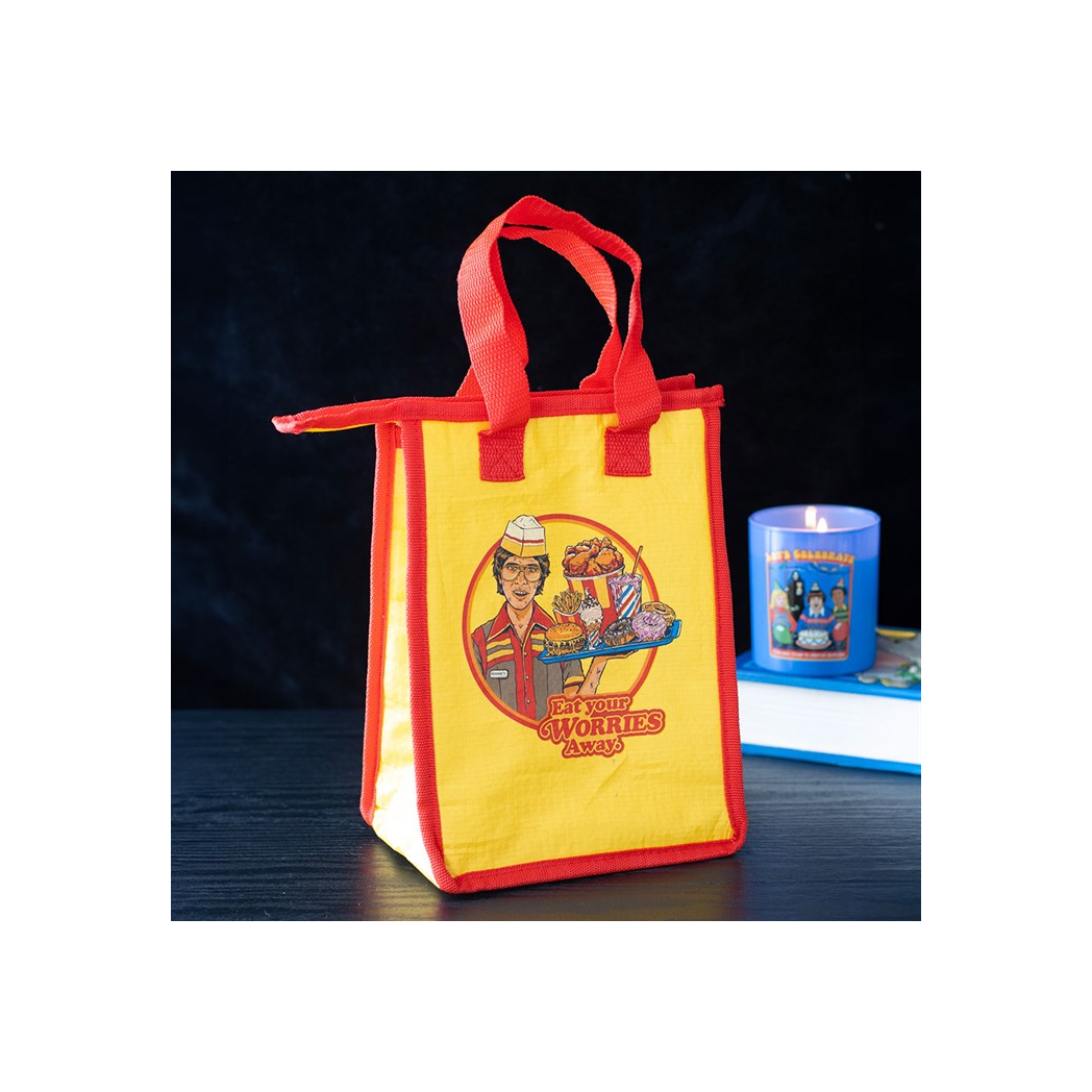 Yellow and red bag with a character design on a dark background