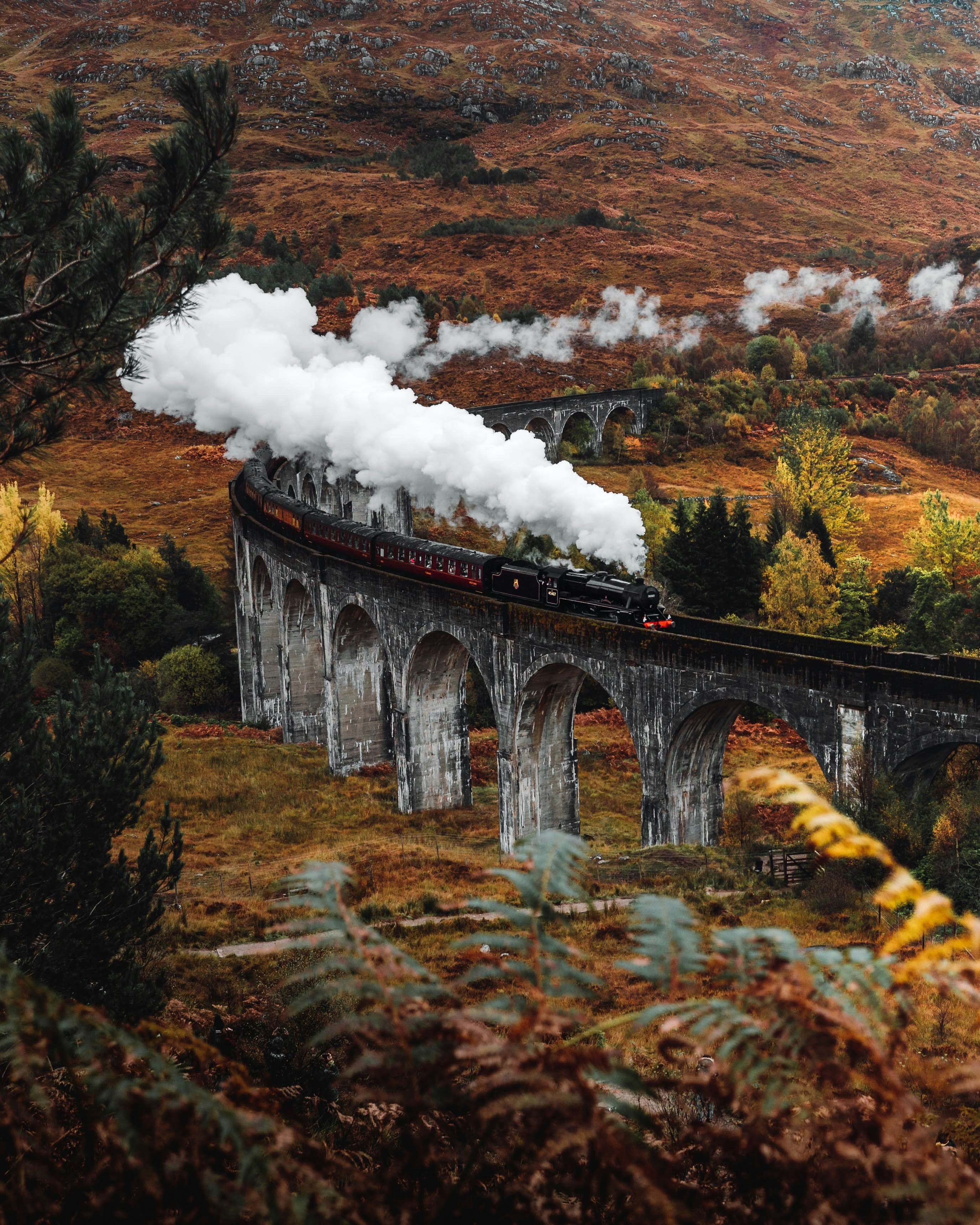 Steam train on a viaduct in a scenic landscape with mountains and trees of the Glenfinnan viaduct