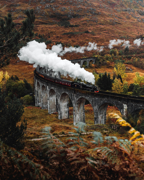 Steam train on a viaduct in a scenic landscape with mountains and trees of the Glenfinnan viaduct